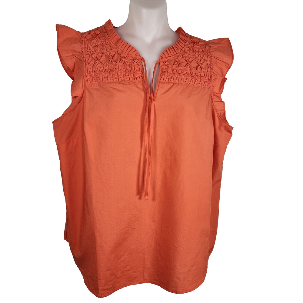 Talbots Petite Women's Large Orange Smocked Ruffle Split Neck Shell Top Tie Neck